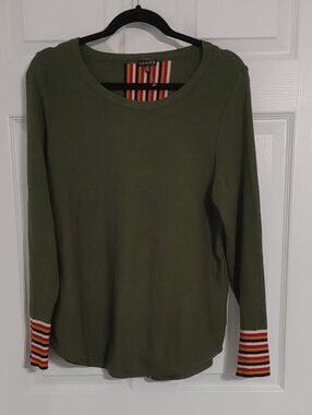 Hannah Olive Long-Sleeve Stripe Sweater Size XL Casual Nature Girl